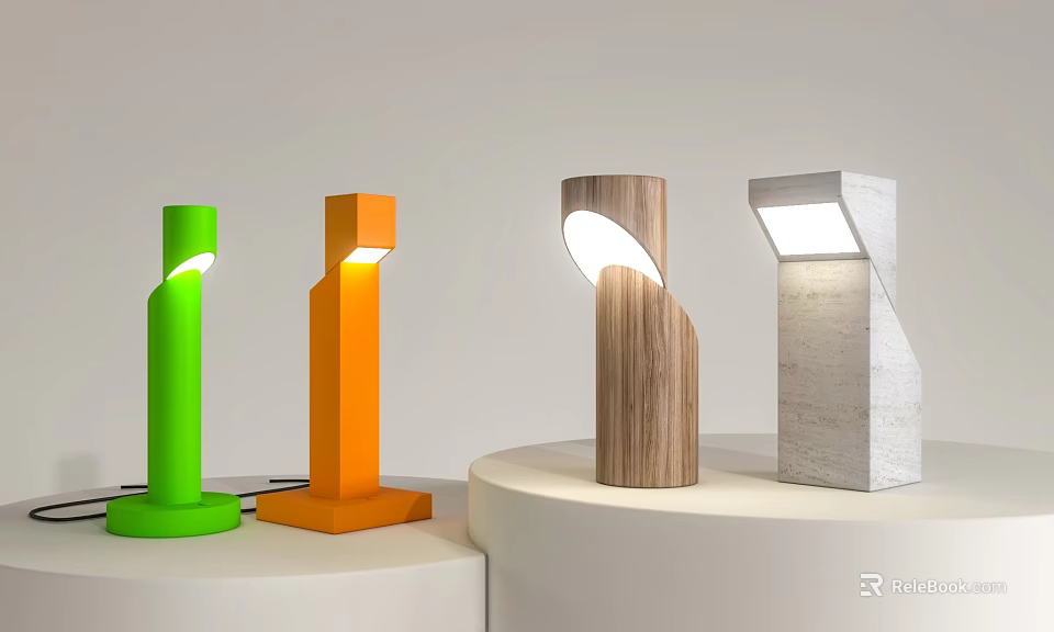 Colorful Modern Table Lamps With Green Orange Wood And Concrete Bases On Display Stands 3d model 