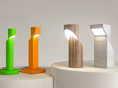Colorful Modern Table Lamps With Green Orange Wood And Concrete Bases On Display Stands 3d model