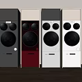 Four Modern White Red Black Washing Machines with Circular Control Panels and Display Screens