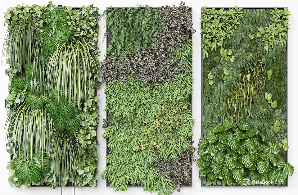 Elegant Green Plant Wall with Different Plant Species Vertical Garden Design for Indoor Decor 3d model 