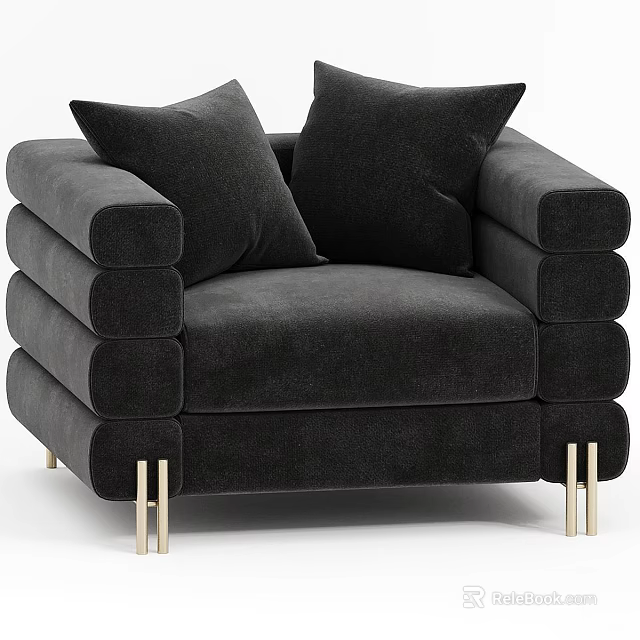 Black Velvet Accent Chair With Thick Armrests Gold Metal Legs And Cushions 3d model 