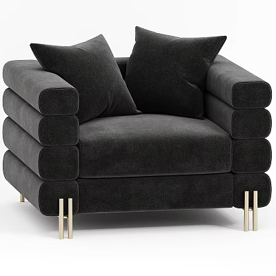 Black Velvet Accent Chair With Thick Armrests Gold Metal Legs And Cushions 3d model