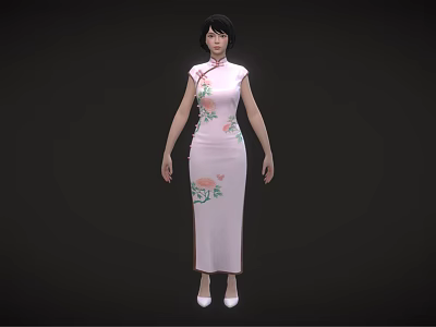 A Woman In Elegant Pink Cheongsam With Floral Patterns And White Shoes Against Black Background 3d model