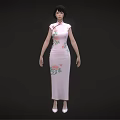 A Woman In Elegant Pink Cheongsam With Floral Patterns And White Shoes Against Black Background