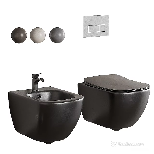 Sleek Black Wall Mounted Toilet With Modern Bidet And Flush Buttons 3d model 