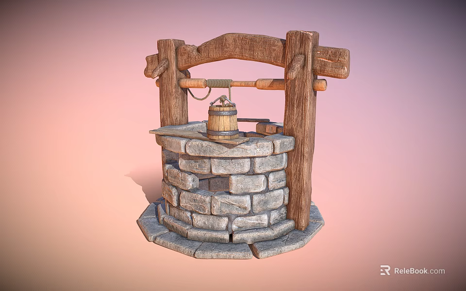Rustic Garden Ornament Featuring Stone Built Well With Wooden Frame And Hanging Bucket 3d model 