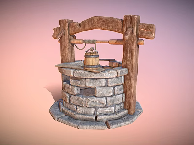 Rustic Garden Ornament Featuring Stone Built Well With Wooden Frame And Hanging Bucket 3d model