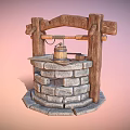 Rustic Garden Ornament Featuring Stone Built Well With Wooden Frame And Hanging Bucket