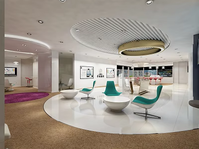 Modern Hotel Lobby Interior With Round Ceiling Green Chairs And Decorative Paintings 3d model