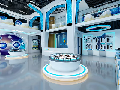 Modern Tech Inspired Exhibition Hall With Blue Accents Circular Display Platforms And Digital Screens 3d model