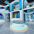 Modern Tech Inspired Exhibition Hall With Blue Accents Circular Display Platforms And Digital Screens