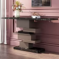 Elegant Console Table With Black Marble Top Layered Base And Decorative Vase On Pink Wall
