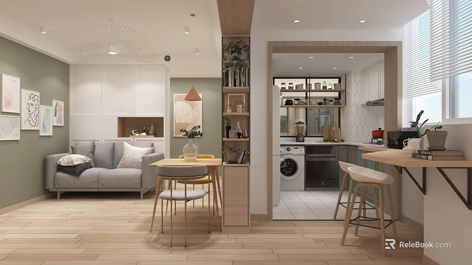 Modern Open Living Dining Room With Gray Sofa Dining Table Plants And Wooden Floor 3d model 