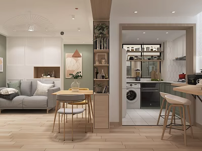 Modern Open Living Dining Room With Gray Sofa Dining Table Plants And Wooden Floor 3d model