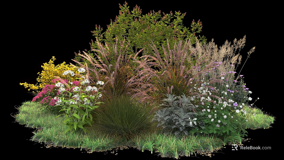 Ornamental Shrubs with Colorful Flowers and Decorative Grasses in Garden Landscape Design 3d model 