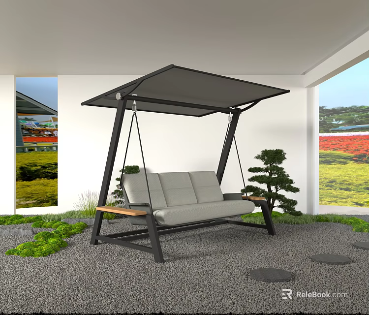 Outdoor Hanging Chair With Black Canopy Light Gray Seat And Green Plants 3d model 