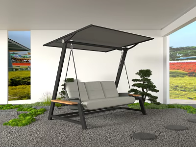 Outdoor Hanging Chair With Black Canopy Light Gray Seat And Green Plants 3d model