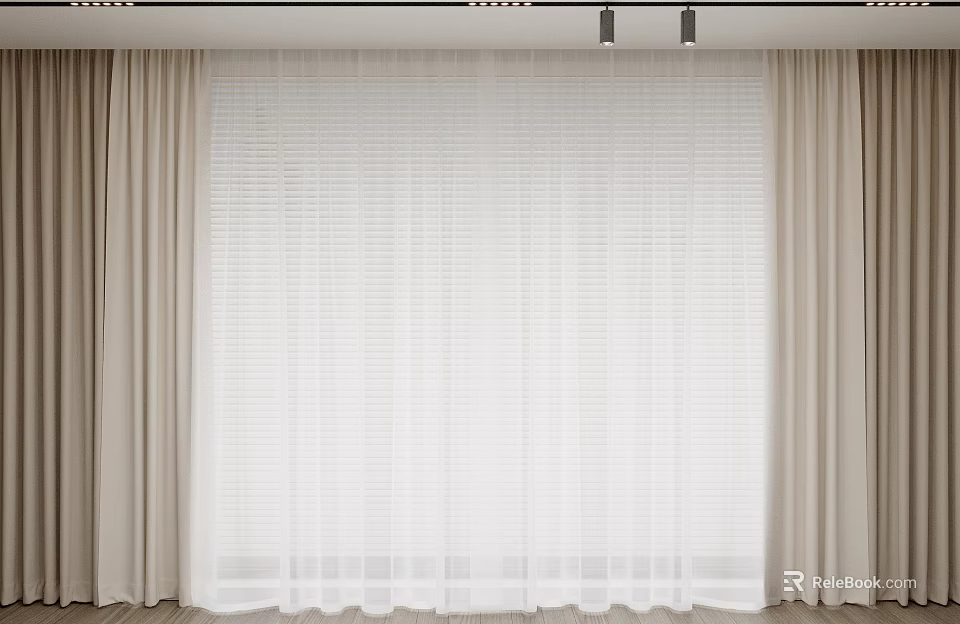 Layered Beige Thick Curtains With White Sheer Panels For Window Treatment 3d model 
