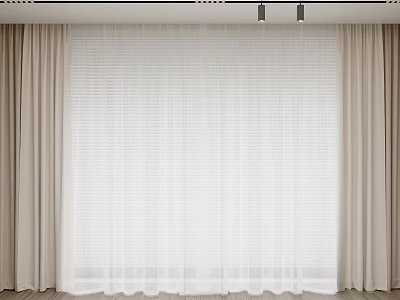 Layered Beige Thick Curtains With White Sheer Panels For Window Treatment 3d model