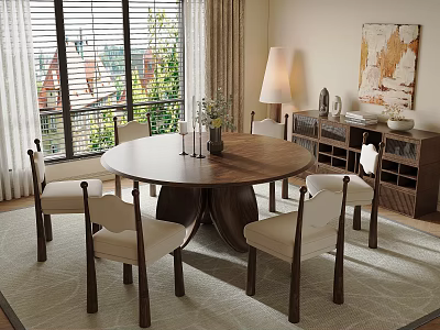 Round Wooden Dining Table Set With Six Upholstered Chairs Floor Lamp Rug And Window Blinds 3d model