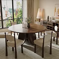 Round Wooden Dining Table Set With Six Upholstered Chairs Floor Lamp Rug And Window Blinds