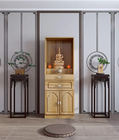 Wooden Buddhist Shrine Cabinet With Doors Drawers Buddha Statue Side Tables Green Plants Decor 3d model