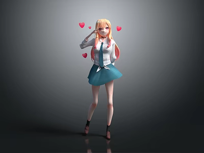 Anime Game Character With Blonde Hair White Jacket Blue Skirt And Red Hearts 3d model