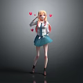 Anime Game Character With Blonde Hair White Jacket Blue Skirt And Red Hearts