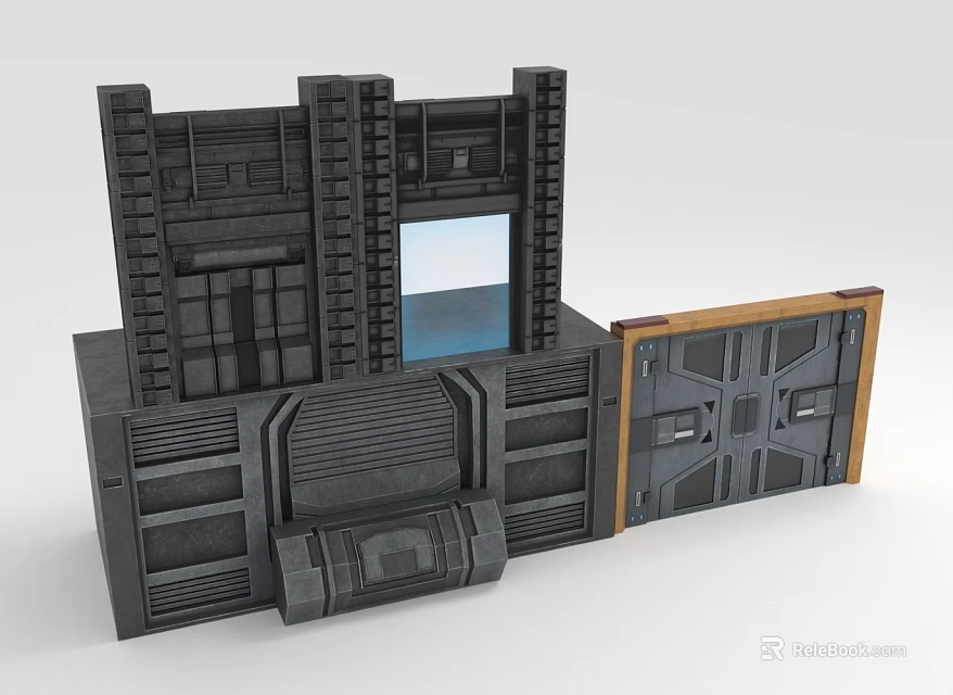 Industrial Style Scenic Components with Gray Panels Wooden Edge Door and Geometric Structures 3d model 