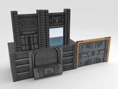 Industrial Style Scenic Components with Gray Panels Wooden Edge Door and Geometric Structures 3d model