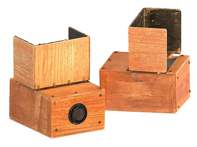 Two Vintage Digital Camera Wooden Boxes Featuring Open Lid And Classic Lens 3d model