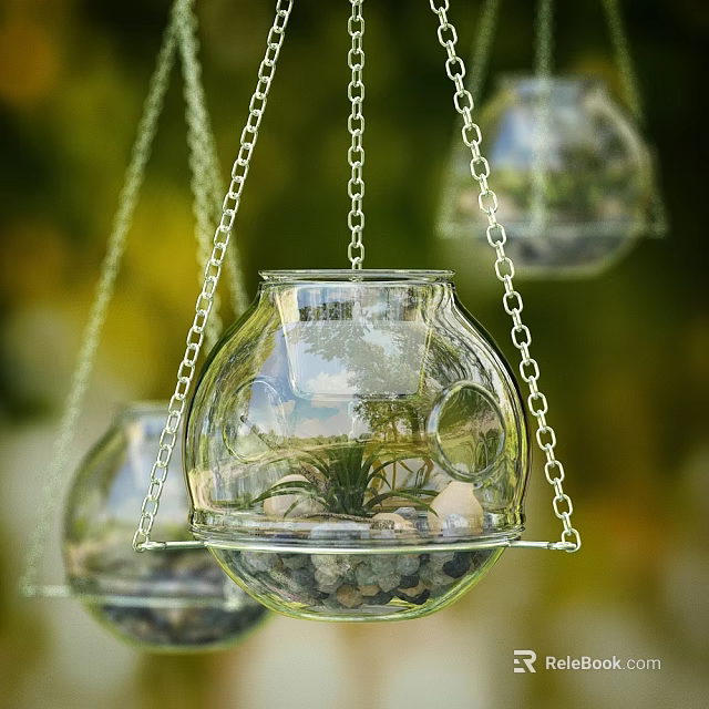 Clear Glass Hanging Planter With Green Plants Small Stones And Chain For Home Decor 3d model 