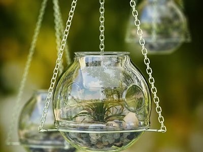 Clear Glass Hanging Planter With Green Plants Small Stones And Chain For Home Decor 3d model