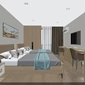 Modern Hotel Guest Room Interior With Double Bed Bedside Tables Desk Chair TV And Wall Painting