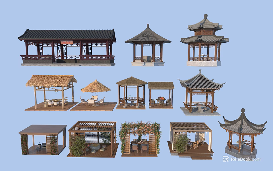 Various Traditional and Modern Garden Pavilions with Thatch Wooden Roofs and Decorative Plants 3d model 
