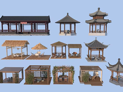 Various Traditional and Modern Garden Pavilions with Thatch Wooden Roofs and Decorative Plants 3d model