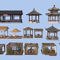 Various Traditional and Modern Garden Pavilions with Thatch Wooden Roofs and Decorative Plants