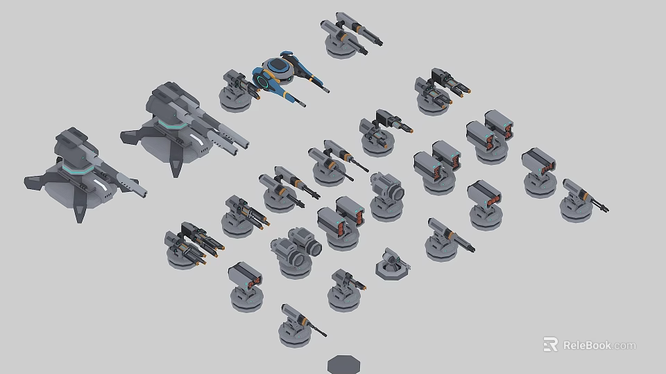 Various Small Weapon Models Including Guns And Cannons On Grey Background With Individual Bases 3d model