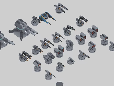 Various Small Weapon Models Including Guns And Cannons On Grey Background With Individual Bases 3d model