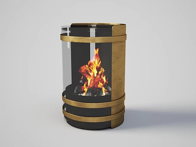 Cylindrical Gold and Black Fireplace With Glass Panel And Burning Fire 3d model
