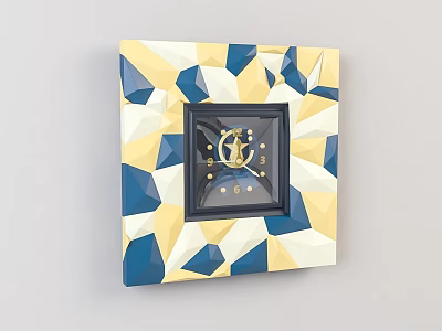 Square Clock With Yellow Blue White Geometric Polygon Frame Black Dial Golden Hands 3d model