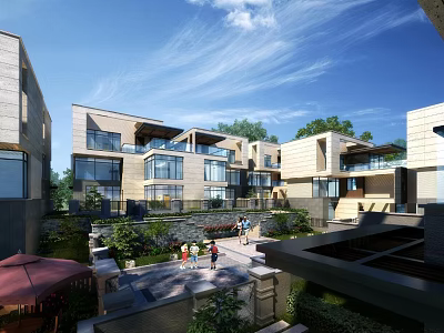 Modern Townhouse Exterior Design With Courtyard Lush Greenery Balconies And Glass Facades 3d model