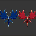Blue And Red Winged Decorative Sculptures With Flame Like Feathers Design