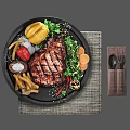 Grilled Steak With Fries Bell Peppers Carrot Slices And Spices On Black Plate