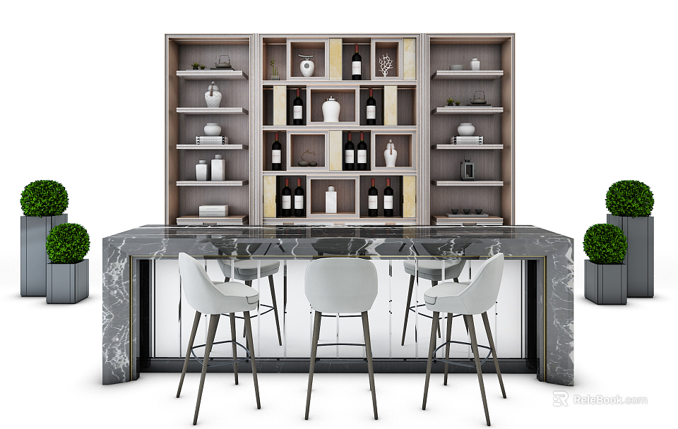 Modern Bar Counter With Marble Top Open Shelves Wine Bottles Bar Stools And Potted Plants 3d model 