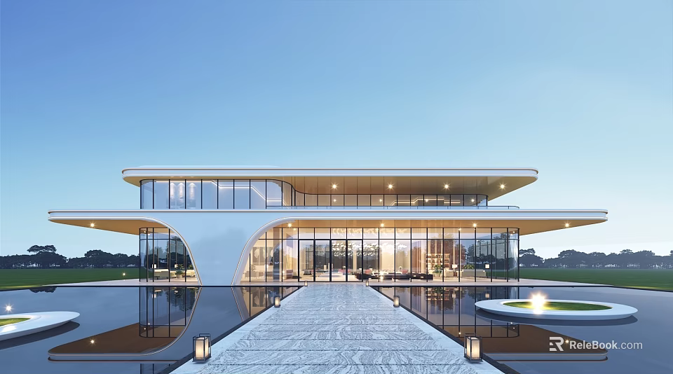 Modern Sales Office Building Exterior With Glass Curtain Wall And Pool Reflection 3d model 