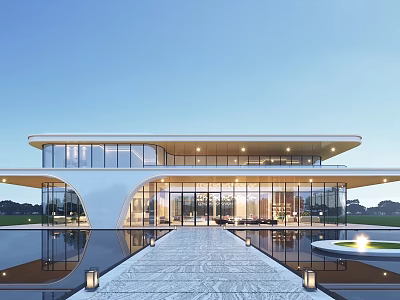 Modern Sales Office Building Exterior With Glass Curtain Wall And Pool Reflection 3d model