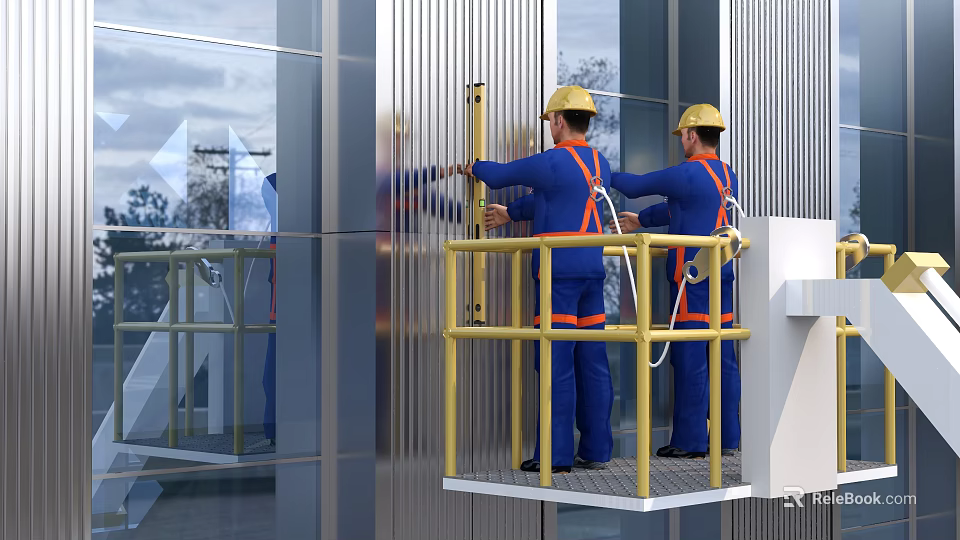 Urban Building Complex Glass Curtain Wall Installation By Workers On High Altitude Platform 3d model 