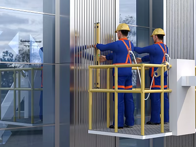Urban Building Complex Glass Curtain Wall Installation By Workers On High Altitude Platform 3d model