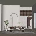 Modern Restaurant Interior With Dining Table Chairs Decorative Plants Archway And Large Window 3d model